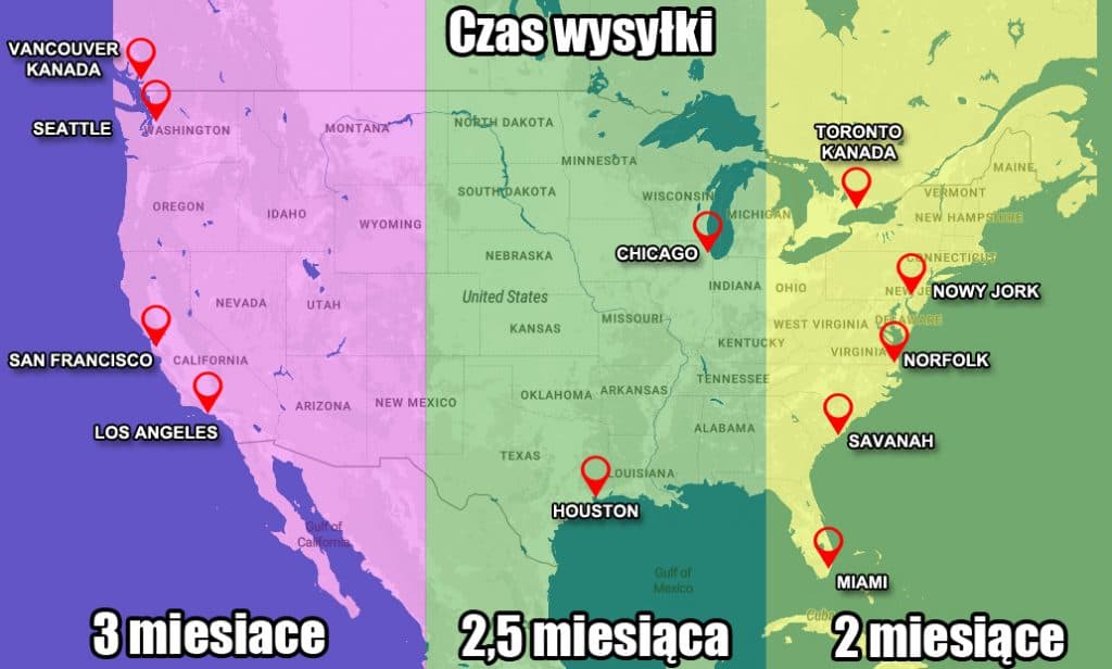 Map of the USA with ports and shipping time: east coast 2 months, centre 2.5 months, west coast 3 months