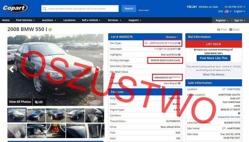 Scam example: photos of the same BMW before repair and at auction