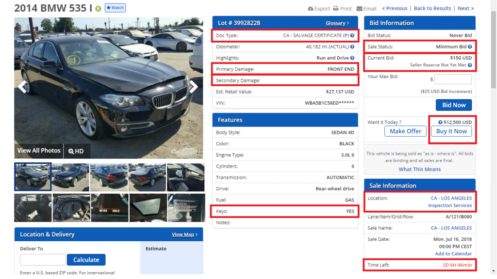 Example auction page with marked fields: document type, damage, sale status, buy it now, location, time left